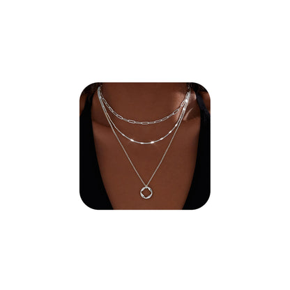 Layered Gold Necklaces for Women,Stackable Dainty 14K Gold Silver Plated Trendy Circle Paperclip Chain Pendant Choker Necklace,Simpl Diamond Cross Bow Jewelry Set Gifts for Women