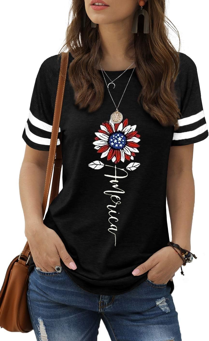 American Flag Shirts for Women 4th of July T-Shirt USA Flag Patriotic Shirt Stars and Stripes Summer Tees