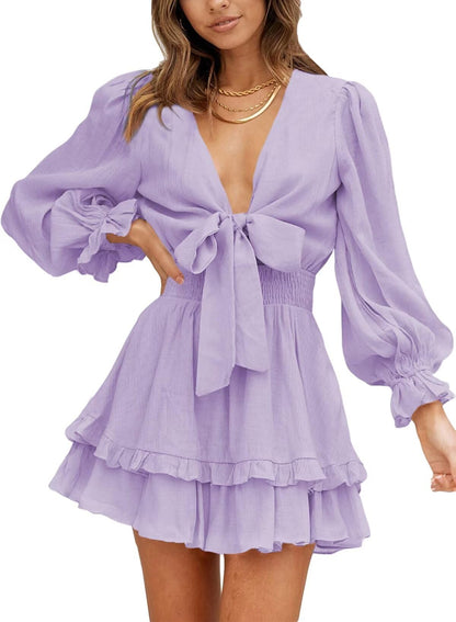 Dokotoo Womens Casual Spring Fall 2025 Deep V Neck Knotted Tiered Chiffon Elegant Mini Short Swing Skater Dresses