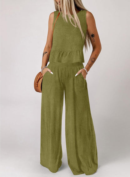 Dokotoo Pants Sets Women 2 Piece Outfits Sleeveless Round Neck Tank Tops Matching Sets for Women Elastic Waist Wide Leg