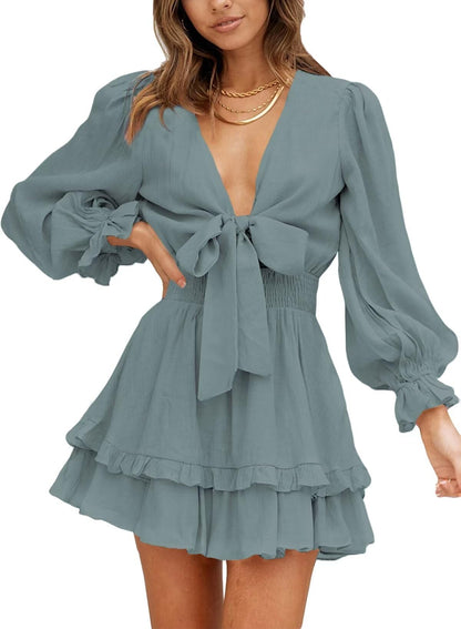 Dokotoo Womens Casual Spring Fall 2025 Deep V Neck Knotted Tiered Chiffon Elegant Mini Short Swing Skater Dresses