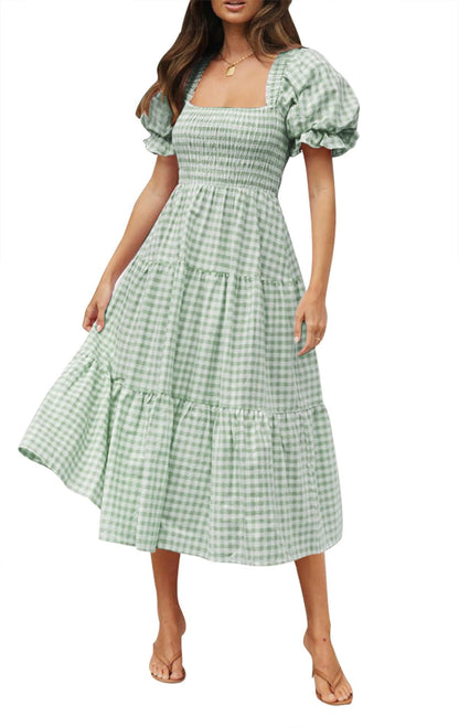 ZESICA Women's 2025 Bohemian Summer Plaid Square Neck Puff Sleeve Ruffle Flowy Beach Midi Dress