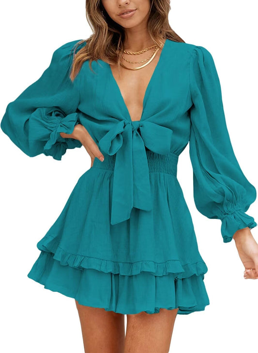 Dokotoo Womens Casual Spring Fall 2025 Deep V Neck Knotted Tiered Chiffon Elegant Mini Short Swing Skater Dresses