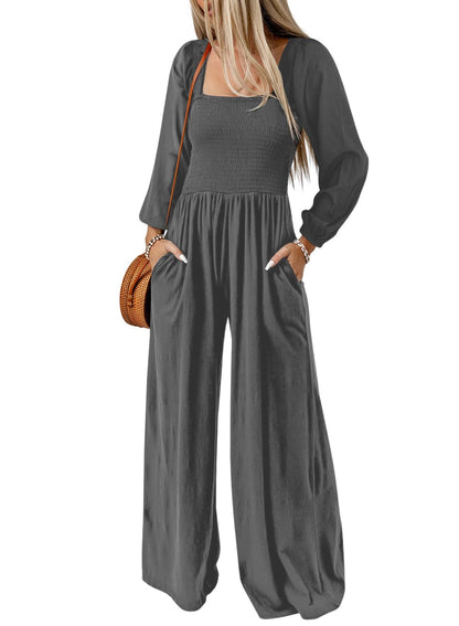 Dokotoo Women's Casual Loose Overalls Jumpsuits One Piece Long Sleeve Wide Leg Long Pant Rompers With Pockets