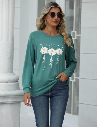 EADINVE Women Crewneck Daisy Print Long Sleeve Sweatshirts Faith-Hope-Love Graphic Tops Casual Loose Fit Pullover Shirts