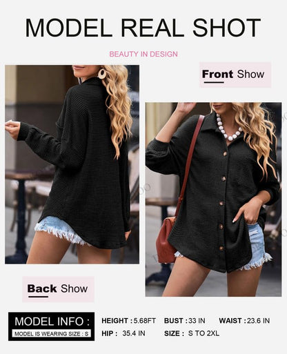 Dokotoo Womens Waffle Knit Shacket Jacket Casual Long Sleeve Button Down Shirts Dressy Blouses Tops