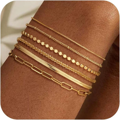DEARMAY Waterproof Gold Bracelets Set for Women Trendy, Dainty 14K Real Gold Plated Jewelry Fashion Stackable Tennis Beaded Figaro Herringbone Paperclip Link Bracelet Pack Stack Gifts for Women