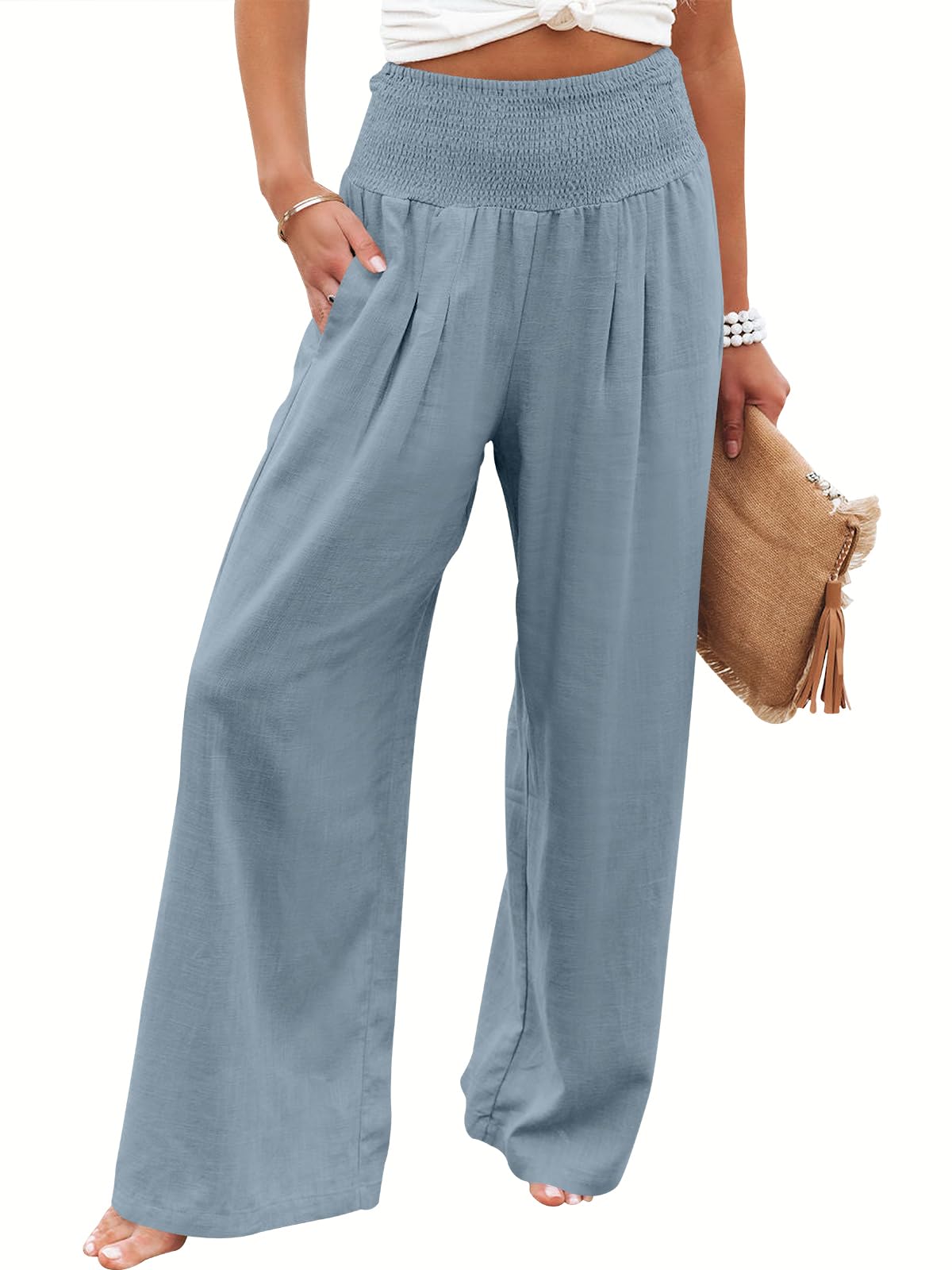 ANRABESS Women Linen Palazzo Pants Summer Boho Wide Leg High Waist Casual Lounge Pant 2025 Beach Travel Vacation Outfits