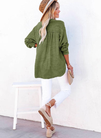 Dokotoo Womens Casual Button V Neck Long Sleeve Shirts Oversized Solid Blouses Tops