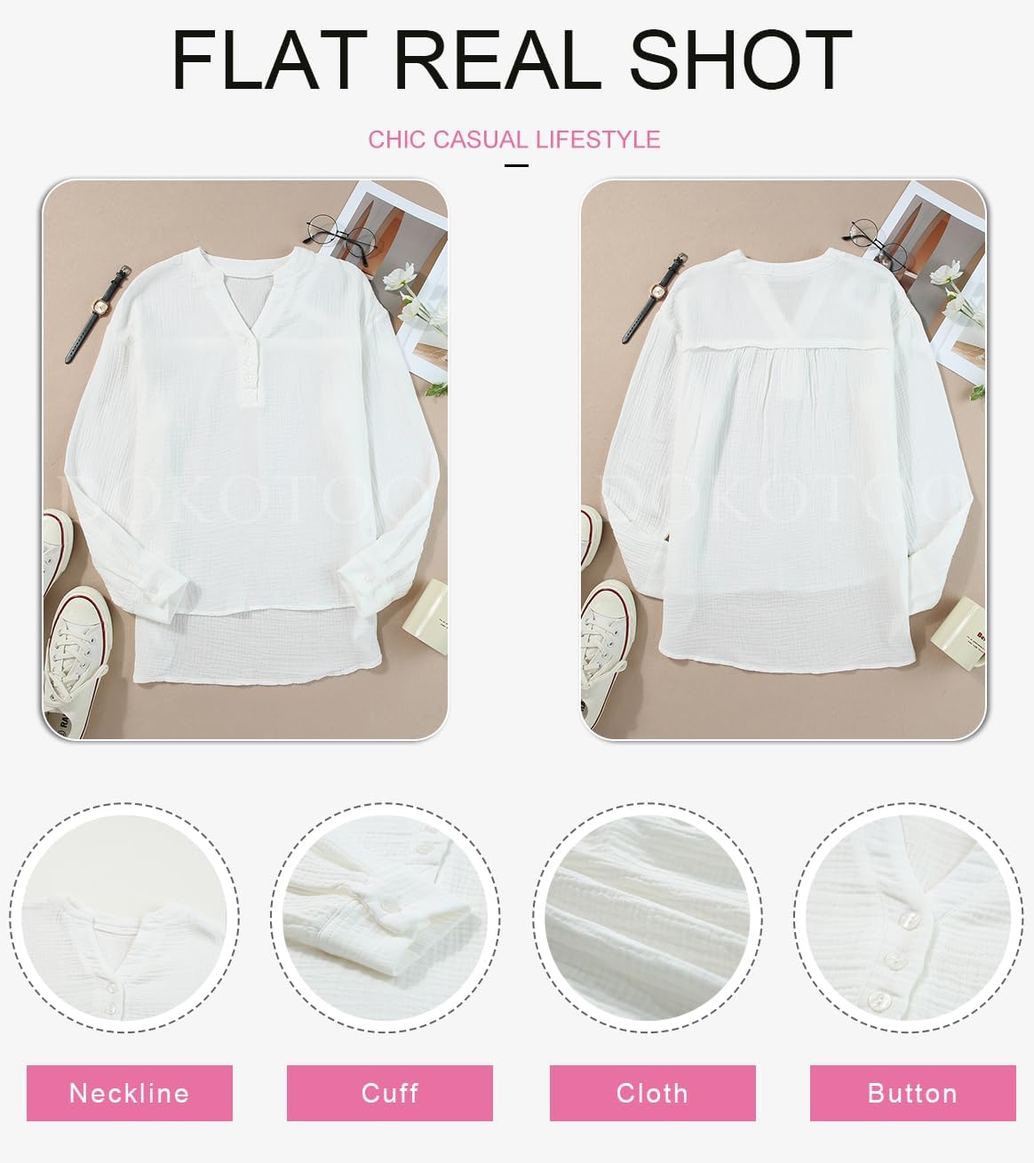 Dokotoo Womens Casual Button V Neck Long Sleeve Shirts Oversized Solid Blouses Tops