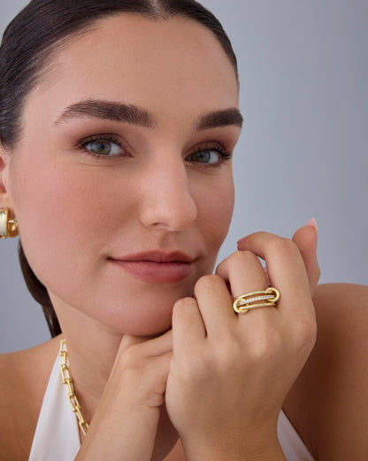 PAVOI 14K Gold Plated Interlocked Stackable Rings for Women - Statement Mixed Metals Multi Ring Stack - Cubic Zirconia Two-Toned Connected Bands Stacking Jewelry