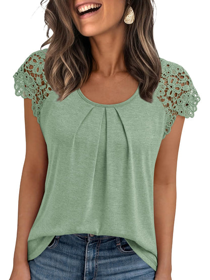 AUTOMET Womens Lace Tops Pleated Short Sleeve Shirts Summer Business Casual Dressy Blouses