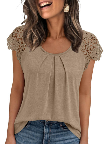 AUTOMET Womens Lace Tops Pleated Short Sleeve Shirts Summer Business Casual Dressy Blouses