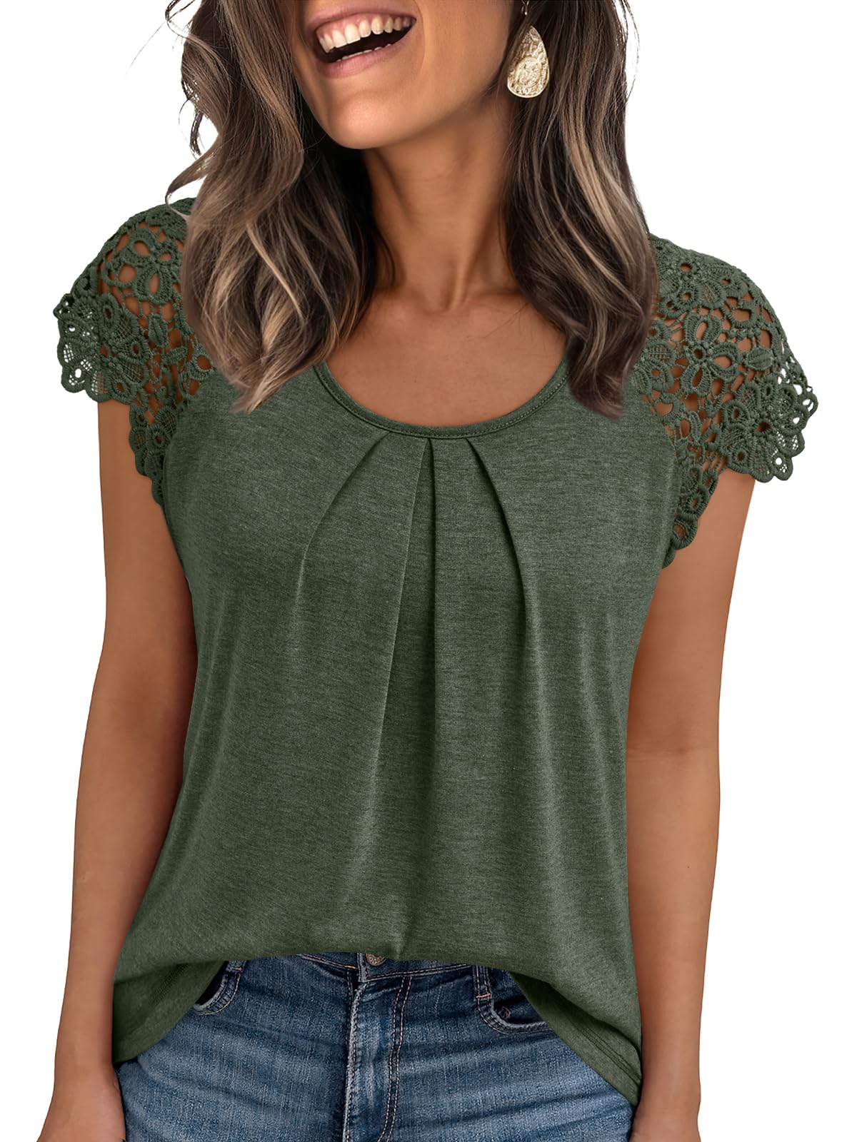 AUTOMET Womens Lace Tops Pleated Short Sleeve Shirts Summer Business Casual Dressy Blouses