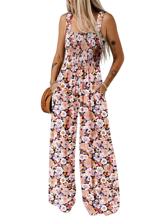 Dokotoo Women's Casual Loose Overalls Jumpsuits One Piece Sleeveless Printed Wide Leg Long Pant Rompers With Pockets