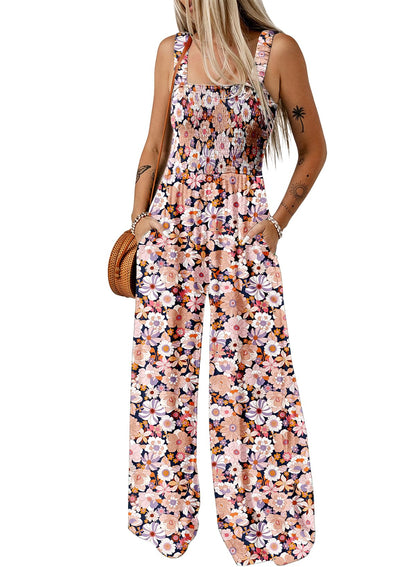 Dokotoo Women's Casual Loose Overalls Jumpsuits One Piece Sleeveless Printed Wide Leg Long Pant Rompers With Pockets
