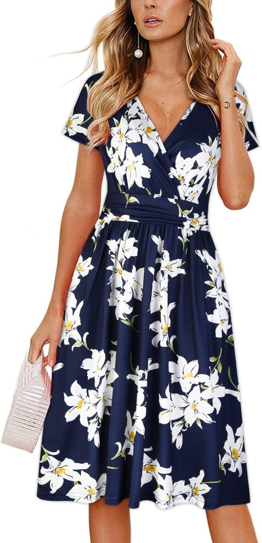 OUGES Women's Summer Short Sleeve V-Neck Floral Short Party Dress with Pockets