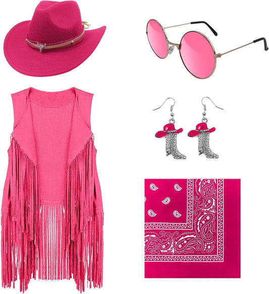 HyperFun Cowgirl Outfits for Women Western Costume Accessories Cowboy Hat Tassels Fringe Vest Earring Hippie Glasses Bandana