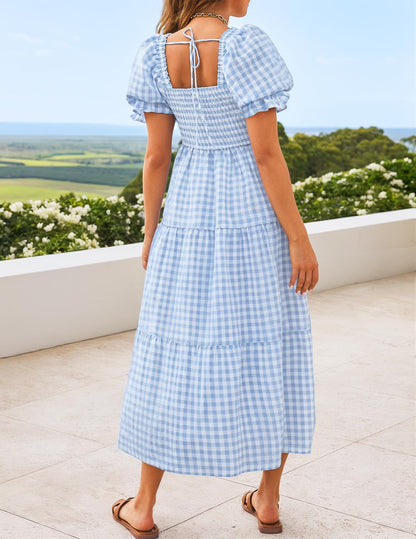 ZESICA Women's 2025 Bohemian Summer Plaid Square Neck Puff Sleeve Ruffle Flowy Beach Midi Dress
