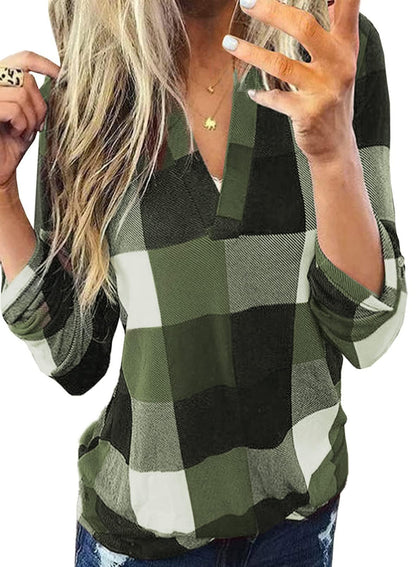 Dokotoo Womens Basic Casual V Neck Plaid Print Cuffed Long Sleeve Work Tops Blouses Shirts S-3XL