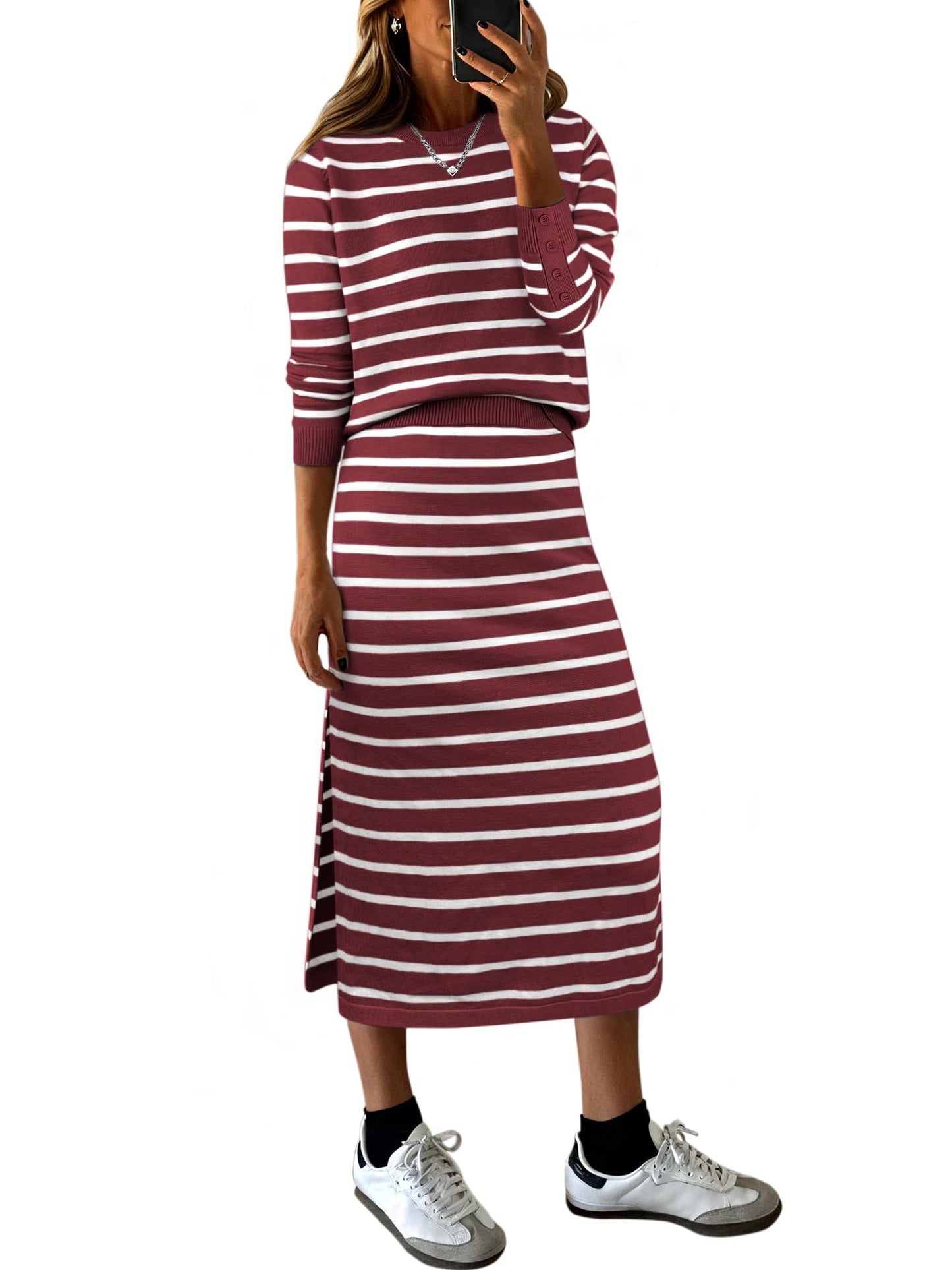 ANRABESS 2 Piece Skirts Sets For Women Fall Fashion 2025 Striped Sweater Midi Dress Knit Lounge Travel Outfits Winter Clothes