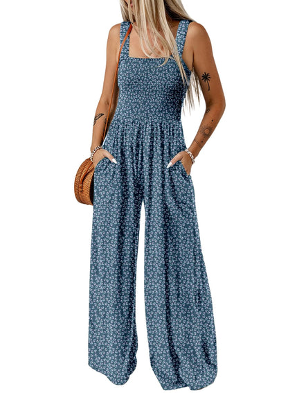 Dokotoo Women's Casual Loose Overalls Jumpsuits One Piece Sleeveless Printed Wide Leg Long Pant Rompers With Pockets