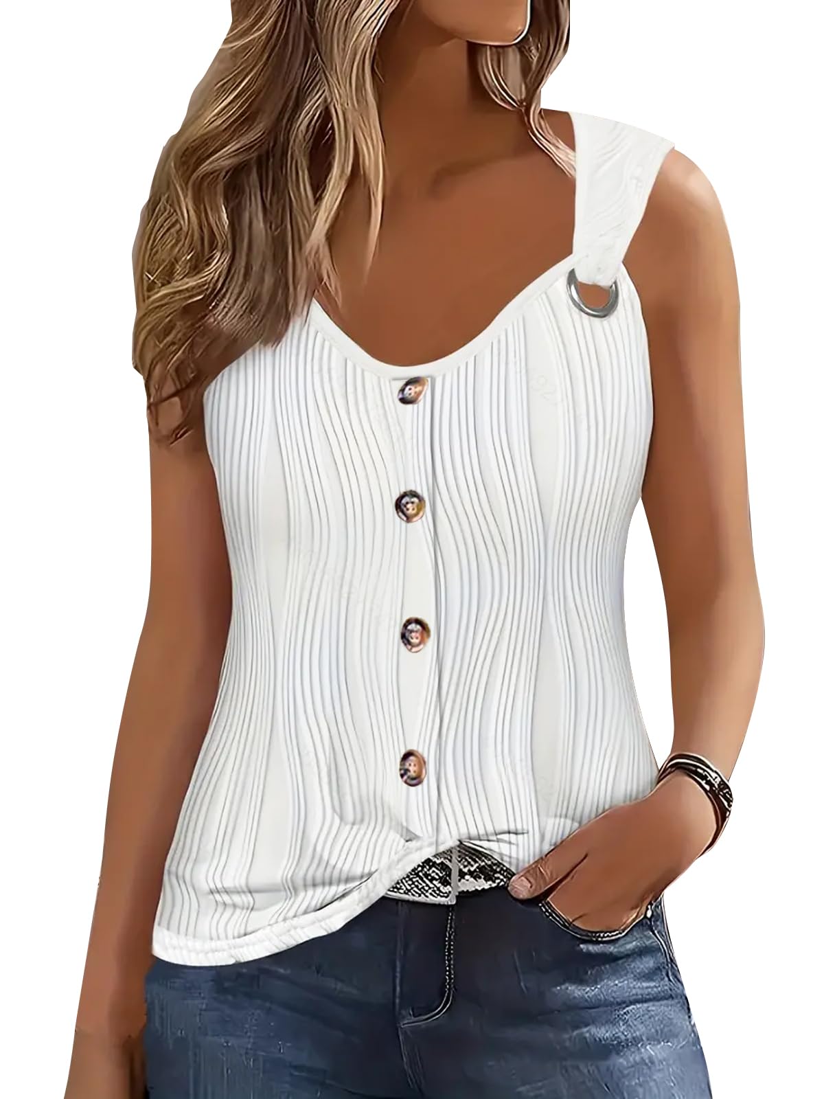 ETCYY Summer Tank Tops for Women 2025 Loose Fit Spring Outfits Lace Striped Tee Button Down Sleeveless T Shirts