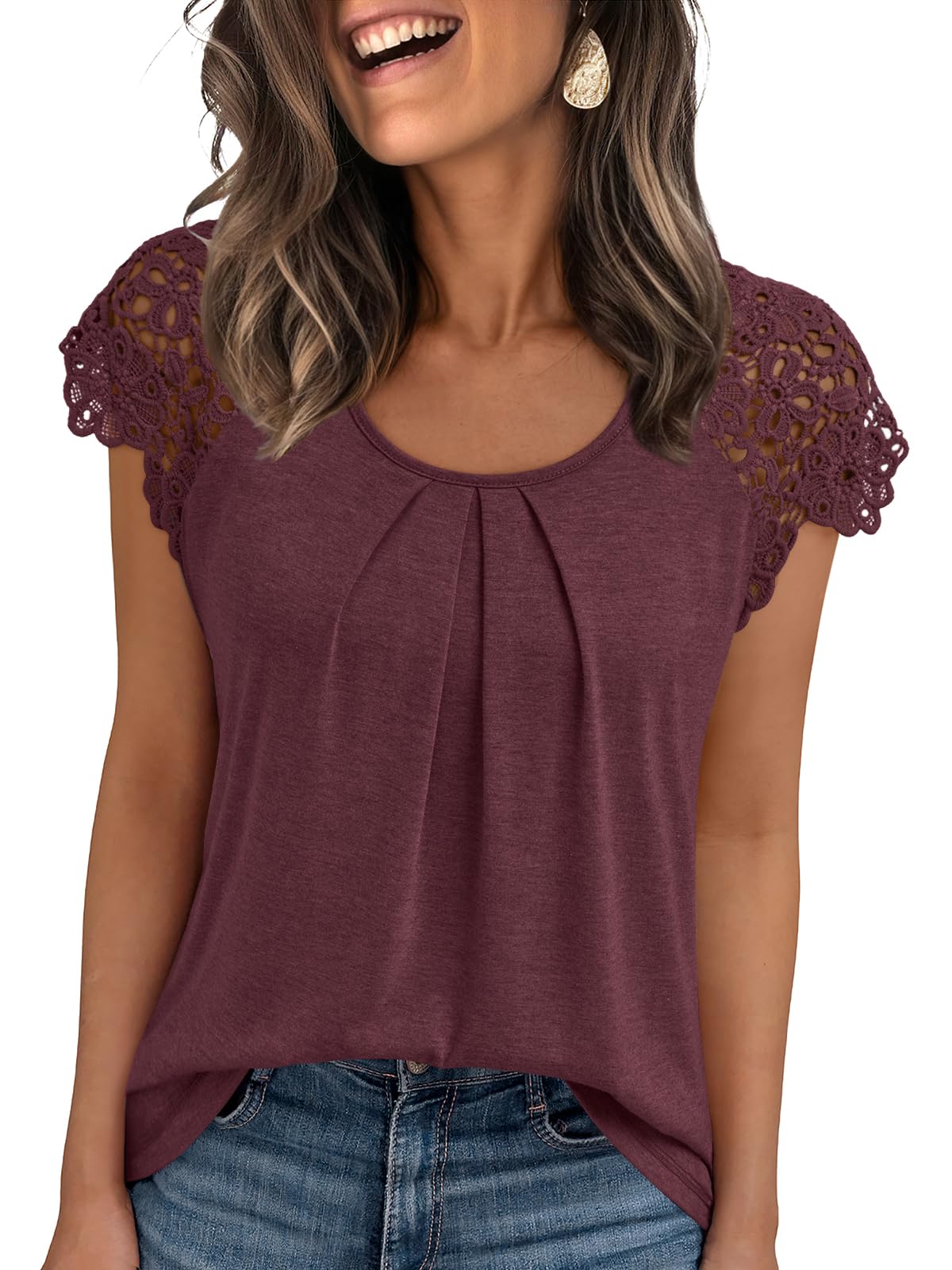 AUTOMET Womens Lace Tops Pleated Short Sleeve Shirts Summer Business Casual Dressy Blouses