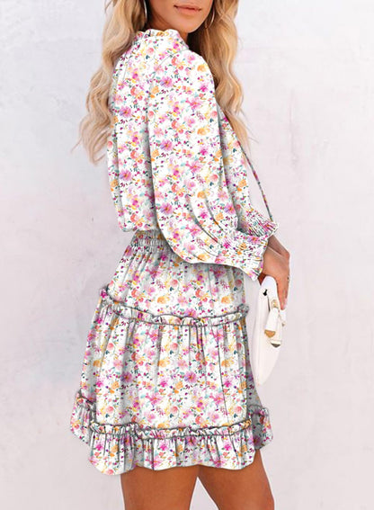 Dokotoo Fall Dresses for Women 2025 Boho Floral Drawstring V Neck Smocked Long Sleeve Ruffle Tiered Chiffon Mini Dress