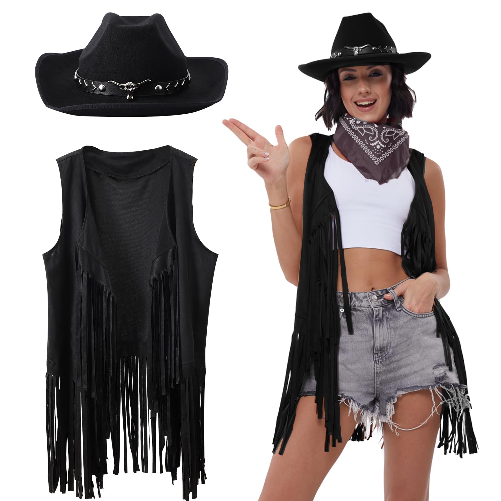 Western Outfits for Women Cowgirl Tassel Sleeveless Vest Cowboy Hat and Paisley Bandana