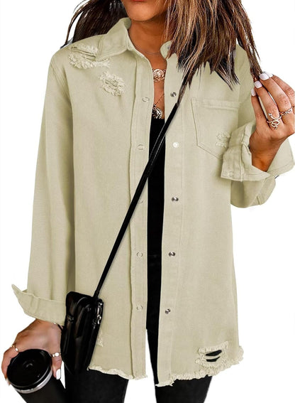 Dokotoo Women's Oversized Denim Jacket Casual Long Sleeve Denim Shirts Distresse Jean Jacket Fall Outfits 2025