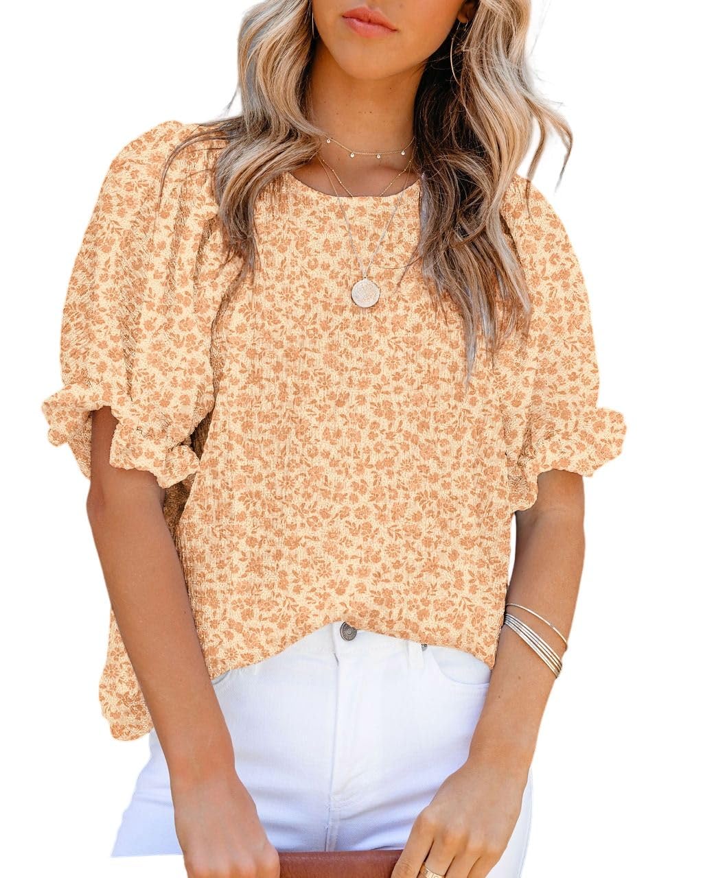 Dokotoo Floral Print Blouses for Women Crewneck Smocked Puff Sleeve Shirts Casual Babydoll Tops