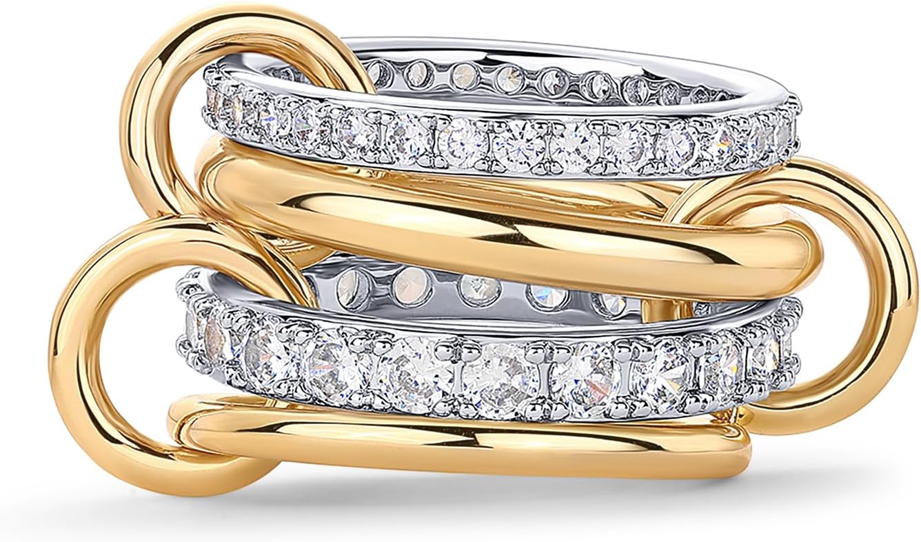 PAVOI 14K Gold Plated Interlocked Stackable Rings for Women - Statement Mixed Metals Multi Ring Stack - Cubic Zirconia Two-Toned Connected Bands Stacking Jewelry