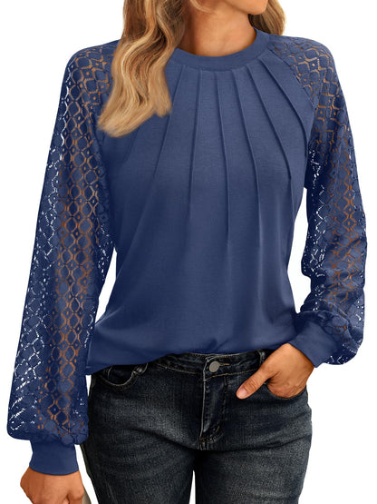 AUTOMET Womens Long Sleeve Shirts Pleated Lace Tops Fall Fashion Outfits Business Casual Blouses
