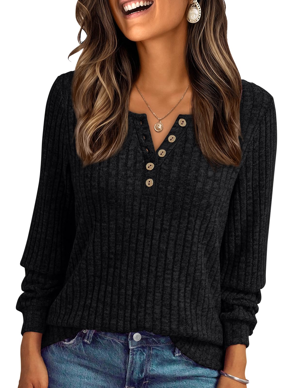 AUTOMET Long Sleeve Henley Shirts Women's Business Casual Lightweight Tunic Sweater Tops