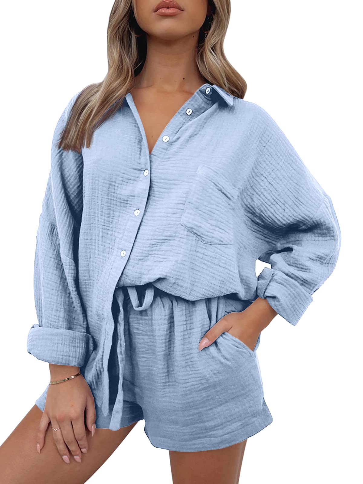 AUTOMET 2 Piece Sets For Women Lounge Wear Matching Two Piece Pajama Fashion Oversized Shirts And Shorts Spring Outfit 2025