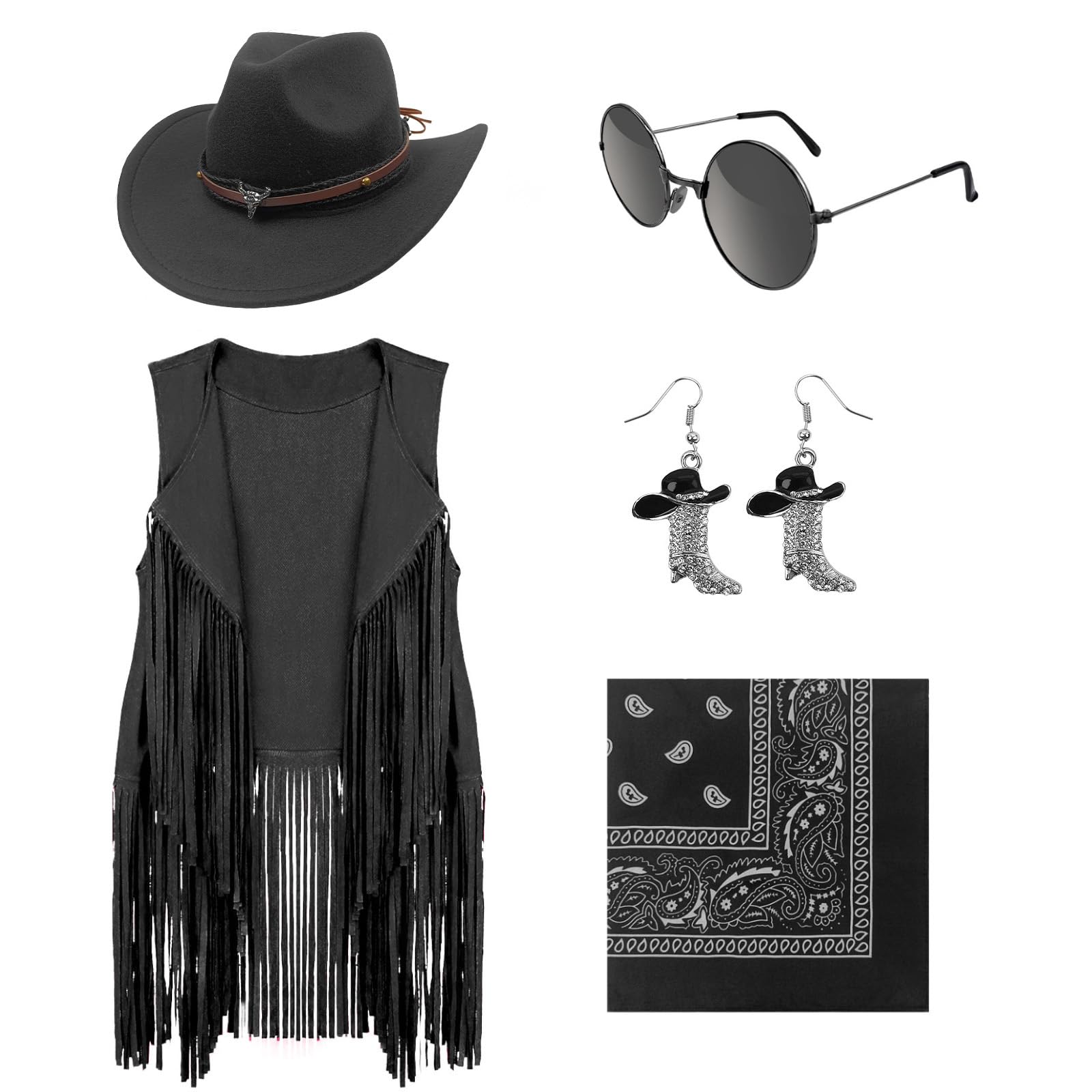 HyperFun Cowgirl Outfits for Women Western Costume Accessories Cowboy Hat Tassels Fringe Vest Earring Hippie Glasses Bandana