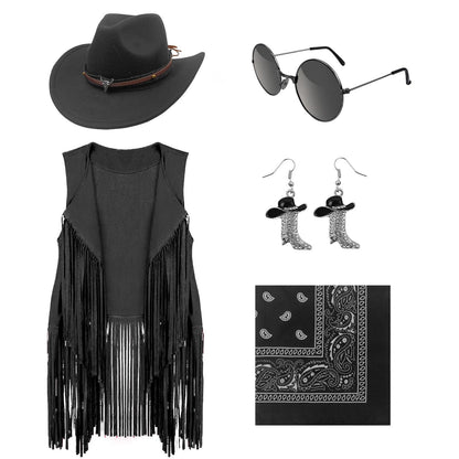 HyperFun Cowgirl Outfits for Women Western Costume Accessories Cowboy Hat Tassels Fringe Vest Earring Hippie Glasses Bandana