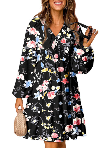 Dokotoo Fall Dresses for Women 2025 Boho Floral V Neck Long Sleeve Smocked Elastic Waist Casual A-Line Mini Dress Sundress