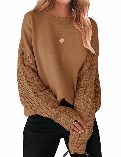 ZESICA Women's Fall Long Sleeve Crew Neck Solid Color Cable Knit Chunky Casual Oversized Pullover Sweater Tops