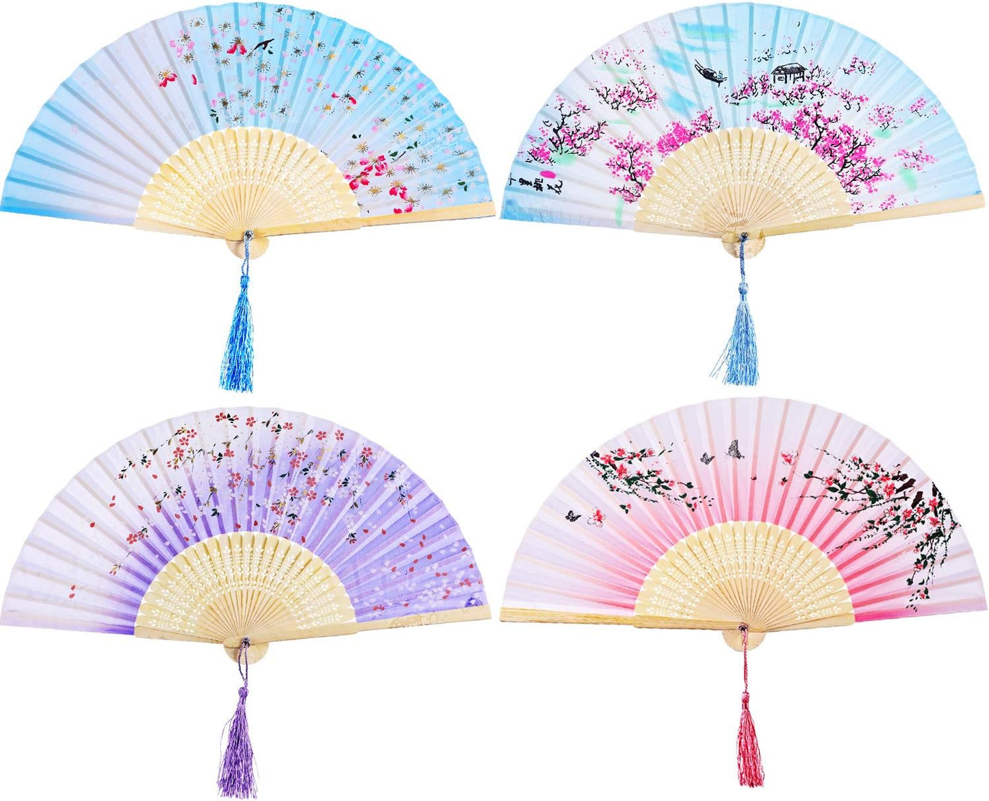Zonon 4 Pack Handheld Floral Folding Fans Hand Held Silk Bamboo Fans with Tassel Women Hollowed Hand Foldable Fan with Fabric Sleeve for Dancing Wedding Decoration Gifts(Classic)