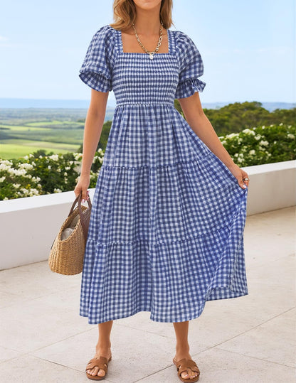 ZESICA Women's 2025 Bohemian Summer Plaid Square Neck Puff Sleeve Ruffle Flowy Beach Midi Dress