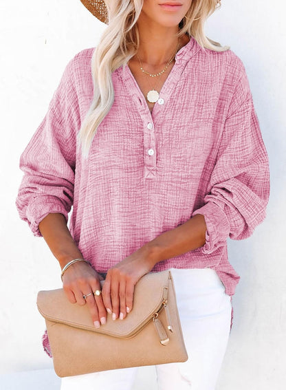 Dokotoo Womens Casual Button V Neck Long Sleeve Shirts Oversized Solid Blouses Tops