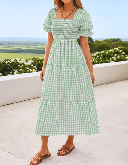 ZESICA Women's 2025 Bohemian Summer Plaid Square Neck Puff Sleeve Ruffle Flowy Beach Midi Dress