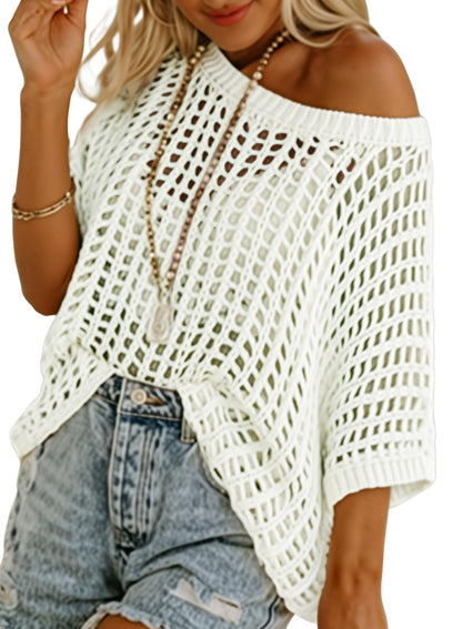 Dokotoo Womens Summer Scoop Neck Short Sleeve Sweater Casual Crochet Hollow Out Knit Tops Pullover Shirts Beach Coverup