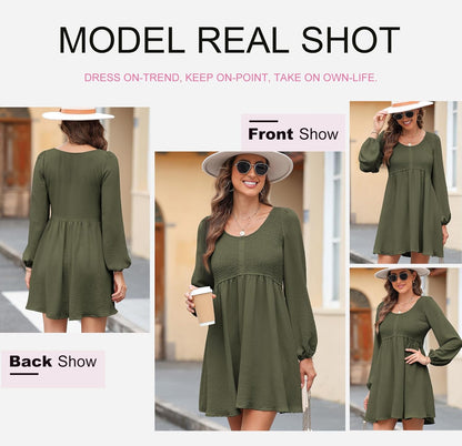 Dokotoo Womens 2025 Casual Dresses Smocked Crewneck Button Up Long Sleeve Empire Waist A-Line Mini Dress