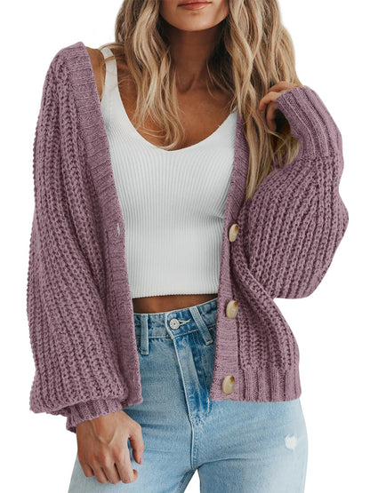 PRETTYGARDEN Women's Chunky Knit Open Front Sweater Long Sleeve Button Loose Short Cardigan Outerwear Coats
