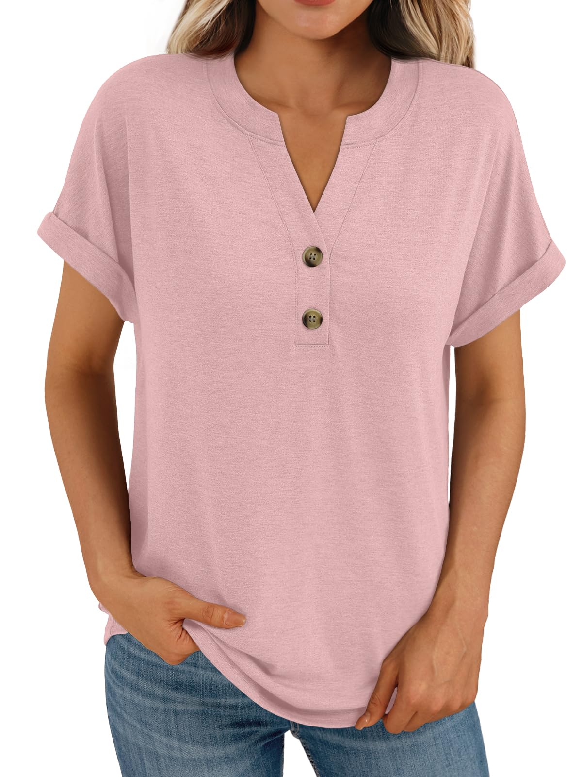 AUTOMET Women's Short Sleeve Shirts Henley Dressy Casual Summer Tops 2025 Trendy Blouses Cute T-Shirts Outfits Clothes