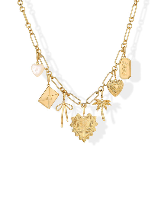 PAVOI 14K Gold Plated Chunky Charm Necklace Pack for Women | Statement Paperclip Chain Necklaces with Removable Charms | Heart Palm Tree Bow Pearl Love Friendship Necklace