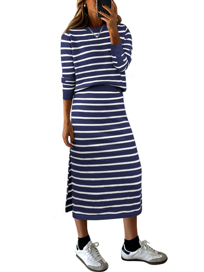 ANRABESS 2 Piece Skirts Sets For Women Fall Fashion 2025 Striped Sweater Midi Dress Knit Lounge Travel Outfits Winter Clothes
